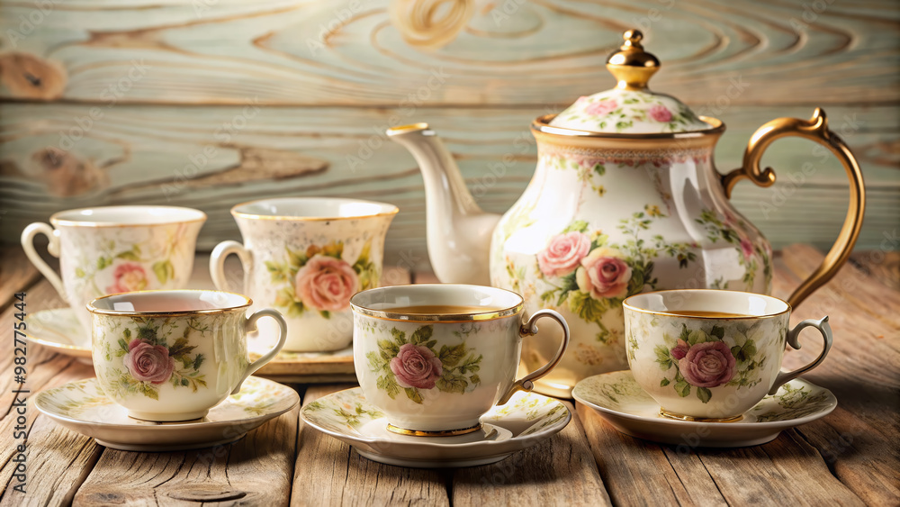 Fototapeta premium Elegant tea set with ornate details on a rustic wooden table against a soft, creamy background with a beautiful floral patterned mockup design.