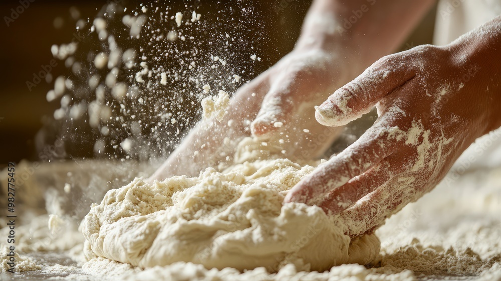 Fototapeta premium Flour clouds rise as hands expertly knead the dough in a warm kitchen