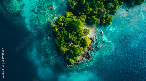 Fototapeta Naklejka Na Ścianę i Meble -  Aerial view of beautiful tropical island with dense trees, with white sand beach and clear blue waters. concept of vacation with friends. 4K Island Wallpaper