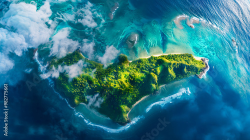 Fototapeta Naklejka Na Ścianę i Meble -  Aerial view of beautiful tropical island with dense trees, with white sand beach and clear blue waters. concept of vacation with friends. 4K Island Wallpaper
