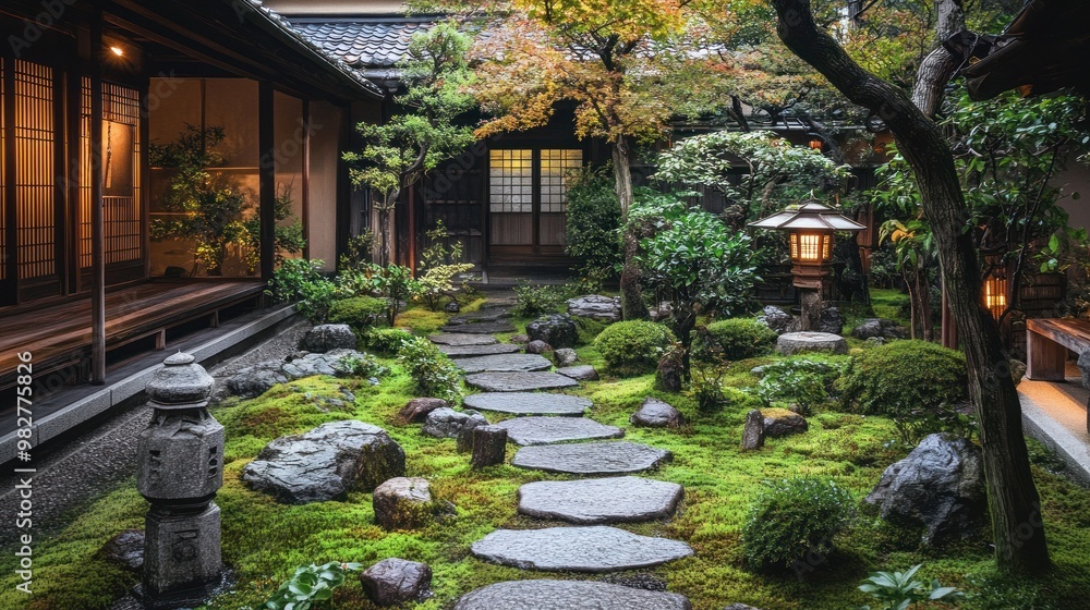 Obraz premium Japanese foliage in a traditional Zen garden with stone paths and lanterns