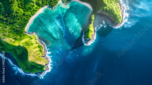 Fototapeta Naklejka Na Ścianę i Meble -  Aerial view of beautiful tropical island with dense trees, with white sand beach and clear blue waters. concept of vacation with friends. 4K Island Wallpaper