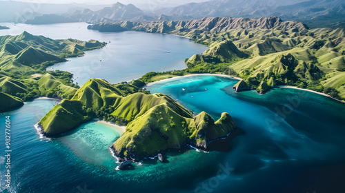Fototapeta Naklejka Na Ścianę i Meble -  Aerial view of beautiful tropical island with dense trees, with white sand beach and clear blue waters. concept of vacation with friends. 4K Island Wallpaper