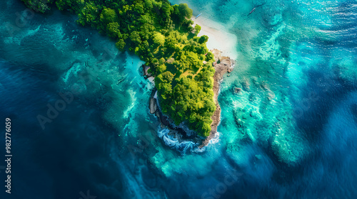 Fototapeta Naklejka Na Ścianę i Meble -  Aerial view of beautiful tropical island with dense trees, with white sand beach and clear blue waters. concept of vacation with friends. 4K Island Wallpaper