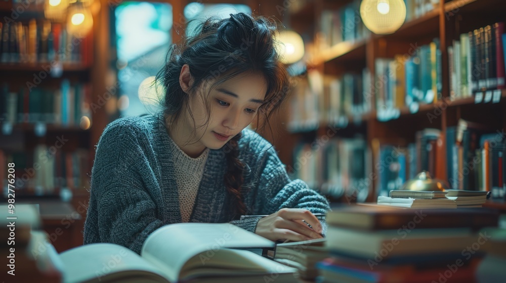 A highly realistic image of a person engaged in Writer – Drafting content in a quiet library The scene is well-lit, with natural light highlighting the details. The background is slightly blurred A highly realistic image of a person engaged in Writer – Drafting content in a quiet library The scene is well-lit, with natural light highlighting the details. The background is slightly blurred