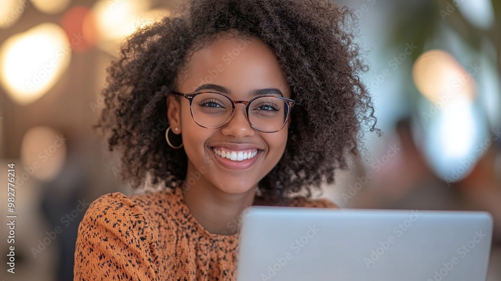 smiling girl student with glasses using a laptop computer in a professional office, co-working space, or airport lounge, balancing education and productivity smiling girl student with glasses using a laptop computer in a professional office, co-working space, or airport lounge, balancing education and productivity