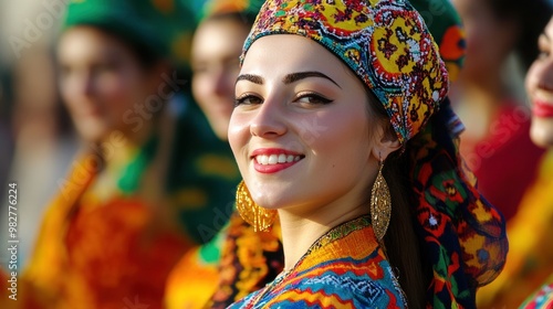 Kalmykian cultural festival, featuring women in vibrant ethnic attire, with traditional music and dancing in the background