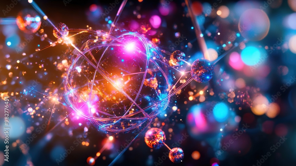 Fototapeta premium A vibrant representation of atomic structure and subatomic particles in a cosmic setting.