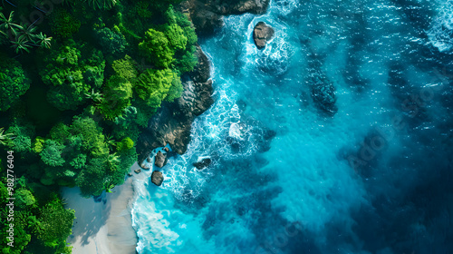Fototapeta Naklejka Na Ścianę i Meble -  Aerial view of beautiful tropical island with dense trees, with white sand beach and clear blue waters. concept of vacation with friends. 4K Island Wallpaper