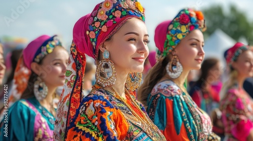 Kalmykian women in traditional festival fashion, participating in a cultural event, with a focus on their vibrant dresses and accessories