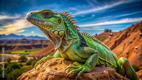 A massive, vibrant green lizard with scaly skin and long tail perches regally on a rocky outcropping, dominating the arid desert landscape background. photo