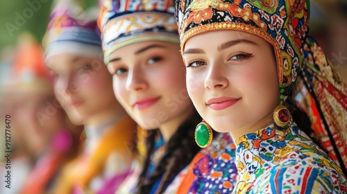 Kalmykian women in traditional festival fashion, participating in a cultural event, with a focus on their vibrant dresses and accessories photo