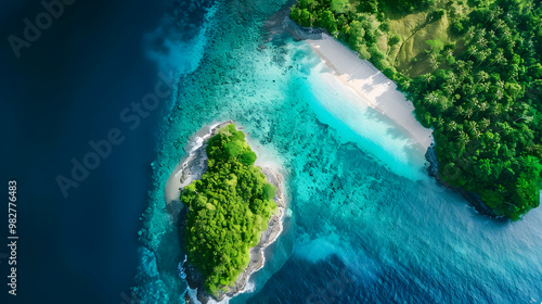 Fototapeta Naklejka Na Ścianę i Meble -  Aerial view of beautiful tropical island with dense trees, with white sand beach and clear blue waters. concept of vacation with friends. 4K Island Wallpaper
