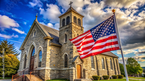 Historic stone church with American flag and government building in background, symbolizing the intersection of faith and politics in American society. photo