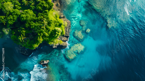 Fototapeta Naklejka Na Ścianę i Meble -  Aerial view of beautiful tropical island with dense trees, with white sand beach and clear blue waters. concept of vacation with friends. 4K Island Wallpaper
