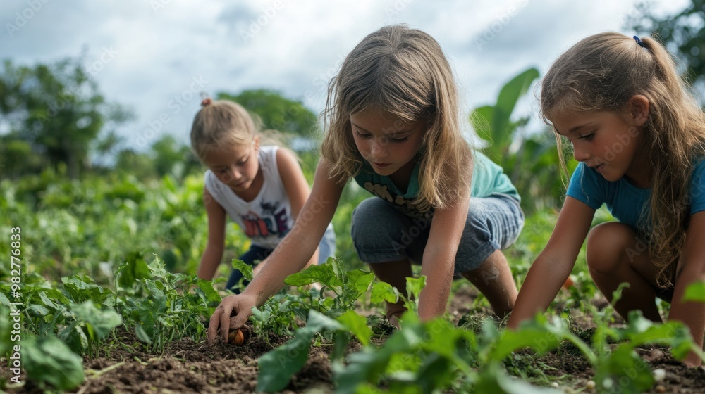 Fototapeta premium Kids engaged in sustainable agriculture, participating in an educational program about organic farming and nature conservation