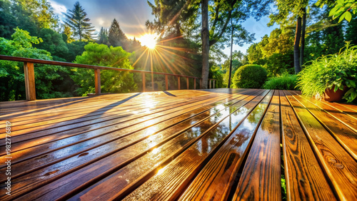 Freshly washed wooden deck planks glisten in the sunlight, revealing natural wood grain patterns and textures, surrounded by lush greenery and serene outdoor atmosphere.