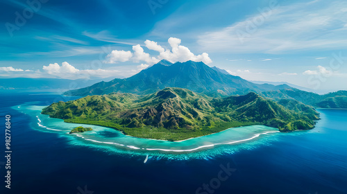 Fototapeta Naklejka Na Ścianę i Meble -  Aerial view of beautiful tropical island with dense trees, with white sand beach and clear blue waters. concept of vacation with friends. 4K Island Wallpaper