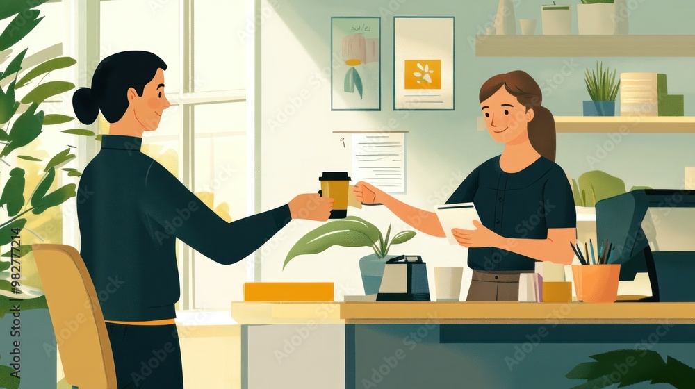 Kindness in the workplace, capturing a coworker bringing coffee or a thoughtful note to a colleague's desk, promoting a supportive and friendly work environment Kindness in the workplace, capturing a coworker bringing coffee or a thoughtful note to a colleague's desk, promoting a supportive and friendly work environment