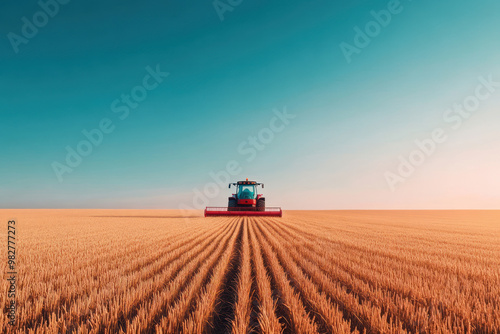 Automated tractors harvesting wheat in a largescale farm, agriculture technology, modern harvesting techniques photo