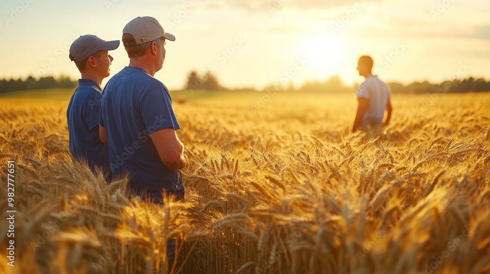 Three farmers stand in a field of golden wheat at sunset, looking towards the horizon. Three farmers stand in a field of golden wheat at sunset, looking towards the horizon.