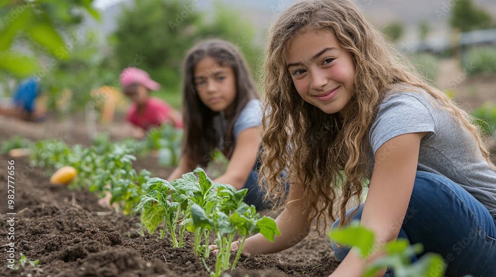 Fototapeta premium group of teen girls planting in a community garden, working as a team to promote sustainability, eco-friendly practices, and environmental awareness through gardening