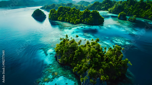 Fototapeta Naklejka Na Ścianę i Meble -  top view of beautiful tropical island with dense trees, with white sand beach and clear blue waters. concept of vacation with family. 4K Island Wallpaper