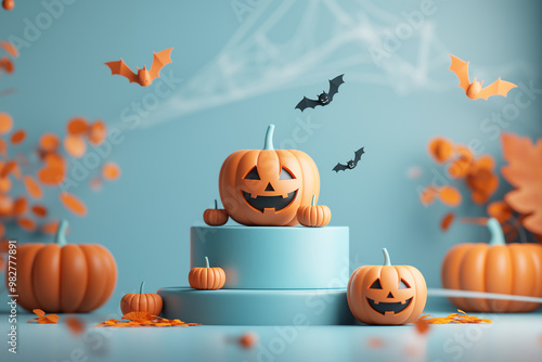 A Halloween scene with pumpkins and bats