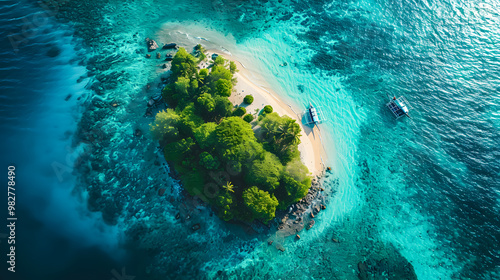 Fototapeta Naklejka Na Ścianę i Meble -  top view of beautiful tropical island with dense trees, with white sand beach and clear blue waters. concept of vacation with family. 4K Island Wallpaper