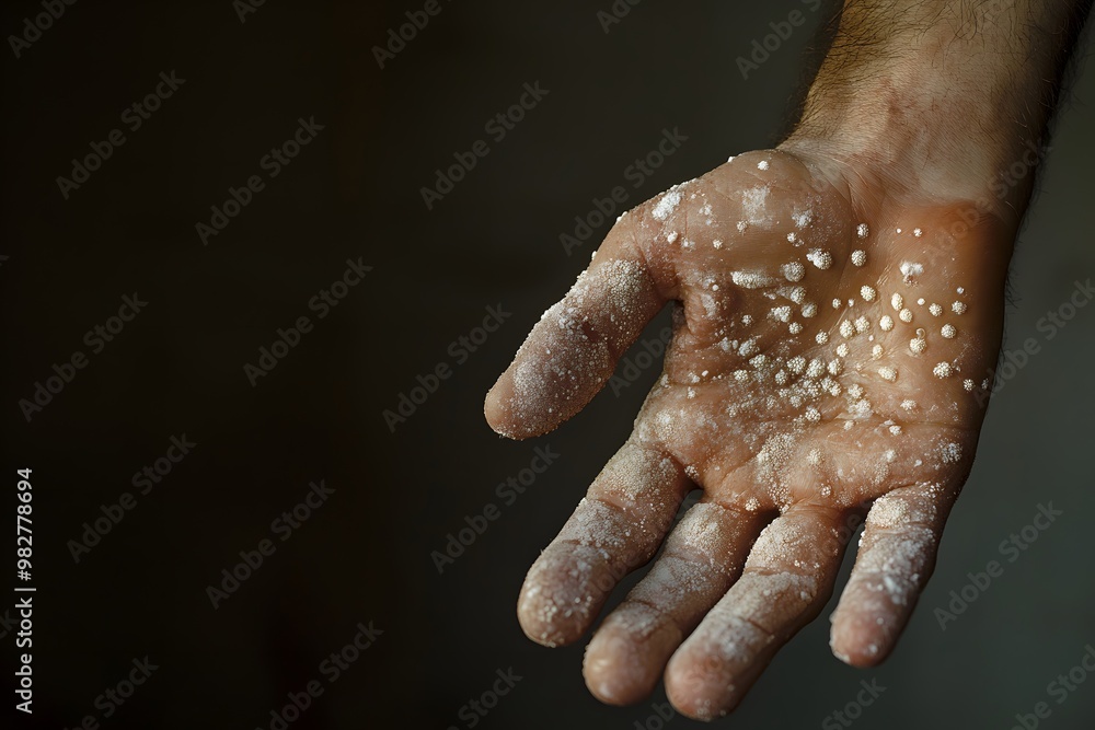 Fototapeta premium Male hands affected by blistering rash because of monkeypox. Patient with Monkey Pox