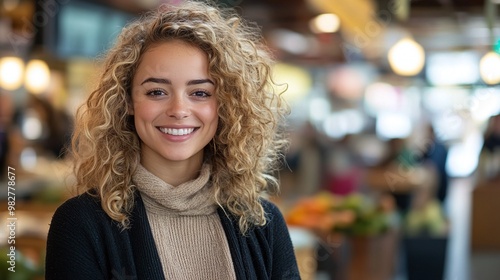 Wallpaper Mural young woman with curly blonde hair smiling confidently at the camera in a busy indoor space, radiating youthful energy and joy in a vibrant, social setti Torontodigital.ca