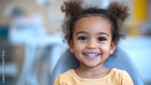 mixed-race child smiling in the dentist's chair during a pediatric dental appointment, enjoying a comfortable and friendly healthcare experience