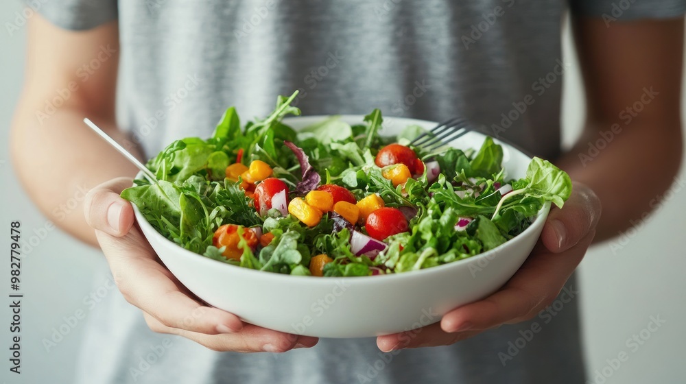 A person holding a large bowl of fresh salad filled with various vegetables and greens. A person holding a large bowl of fresh salad filled with various vegetables and greens.