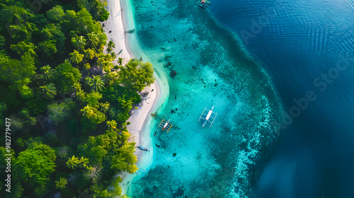 Fototapeta Naklejka Na Ścianę i Meble -  top view of beautiful tropical island with dense trees, with white sand beach and clear blue waters. concept of vacation with family. 4K Island Wallpaper