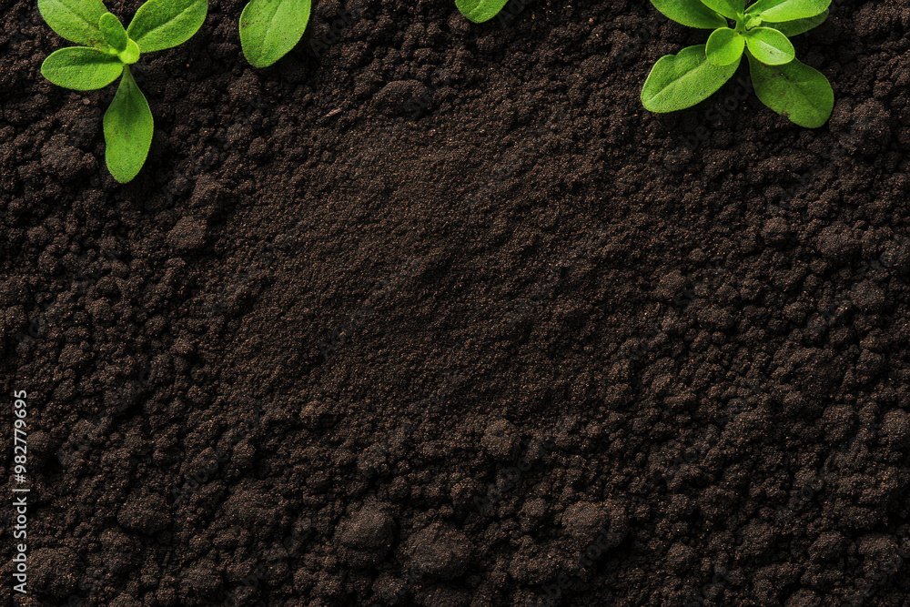 Naklejka premium Closeup of soil with visible fertilizer granules, supporting sprouting plants, fertilizer, soil enrichment