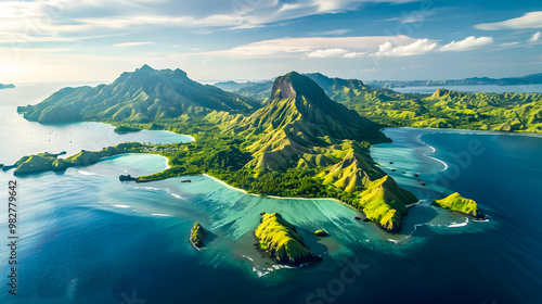 Fototapeta Naklejka Na Ścianę i Meble -  top view of beautiful tropical island with dense trees, with white sand beach and clear blue waters. concept of vacation with family. 4K Island Wallpaper