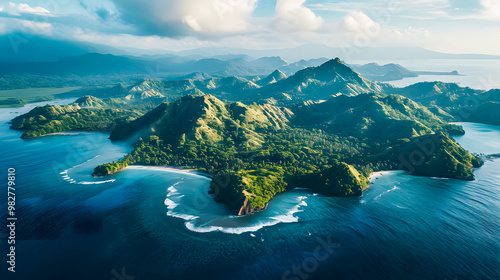 Fototapeta Naklejka Na Ścianę i Meble -  top view of beautiful tropical island with dense trees, with white sand beach and clear blue waters. concept of vacation with family. 4K Island Wallpaper