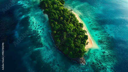 Fototapeta Naklejka Na Ścianę i Meble -  top view of beautiful tropical island with dense trees, with white sand beach and clear blue waters. concept of vacation with family. 4K Island Wallpaper
