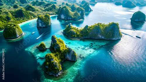 Fototapeta Naklejka Na Ścianę i Meble -  top view of beautiful tropical island with dense trees, with white sand beach and clear blue waters. concept of vacation with family. 4K Island Wallpaper