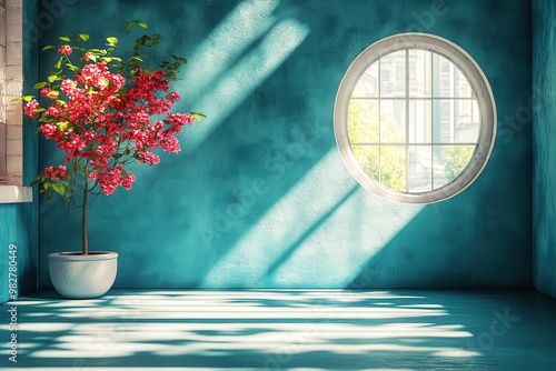 Sunlit Oasis: A serene and minimal interior design concept with a vibrant bougainvillea plant adding a touch of nature to the space. Warm sunlight streams through a circular window, casting long shado photo