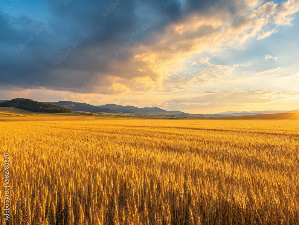 Field of barley with a dramatic sky, sunlight piercing through clouds, agriculture, grain farming
