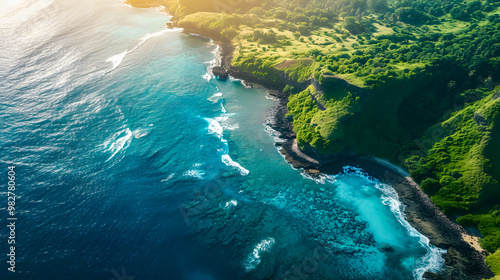Fototapeta Naklejka Na Ścianę i Meble -  top view of beautiful tropical island with dense trees, with white sand beach and clear blue waters. concept of vacation with family. 4K Island Wallpaper