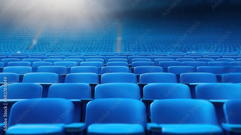 Fototapeta premium Blue seats arranged in neat rows at an open-air stadium, ready for an exciting event, surrounded by green grass and vibrant banners, evoking a sense of anticipation and energy.