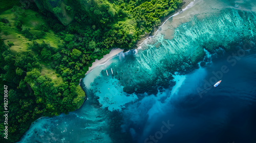 Fototapeta Naklejka Na Ścianę i Meble -  top view of beautiful tropical island with dense trees, with white sand beach and clear blue waters. concept of vacation with family. 4K Island Wallpaper