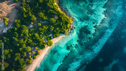 Fototapeta Naklejka Na Ścianę i Meble -  top view of beautiful tropical island with dense trees, with white sand beach and clear blue waters. concept of vacation with family. 4K Island Wallpaper