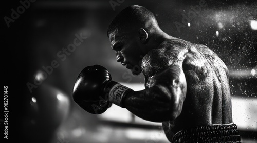 Male boxer in the middle of a rigorous training routine, focusing on fitness and strength conditioning photo