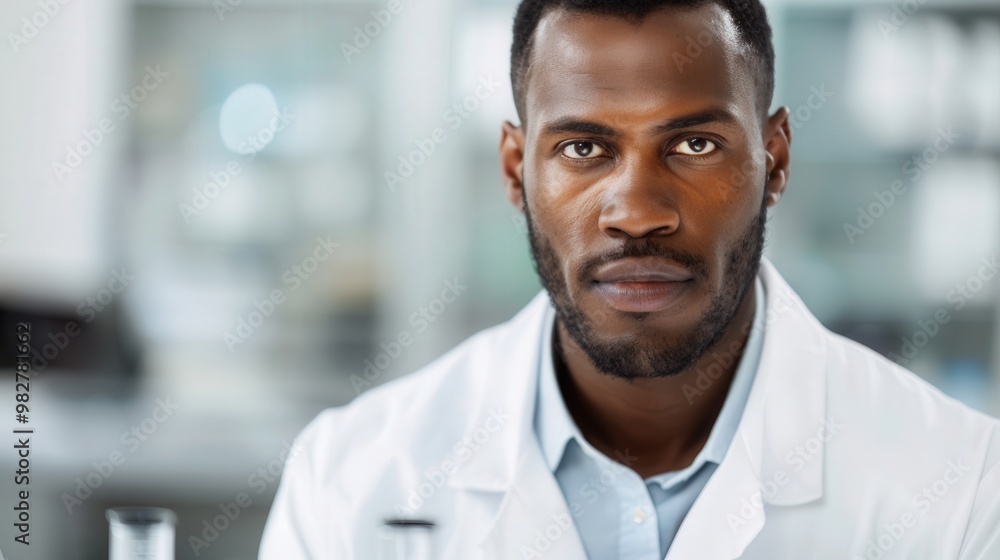 Black businessman in a lab coat, engaged in a scientific experiment, showcasing expertise and determination, ideal for promotional materials and innovation themes Black businessman in a lab coat, engaged in a scientific experiment, showcasing expertise and determination, ideal for promotional materials and innovation themes