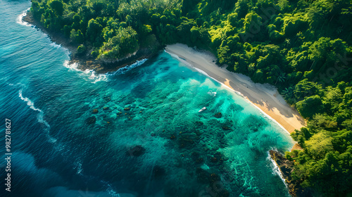 Fototapeta Naklejka Na Ścianę i Meble -  top view of beautiful tropical island with dense trees, with white sand beach and clear blue waters. concept of vacation with family. 4K Island Wallpaper