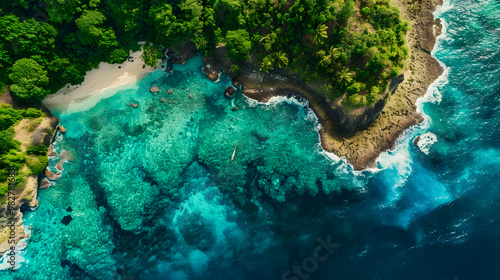 Fototapeta Naklejka Na Ścianę i Meble -  top view of beautiful tropical island with dense trees, with white sand beach and clear blue waters. concept of vacation with family. 4K Island Wallpaper