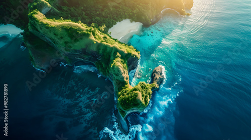 Fototapeta Naklejka Na Ścianę i Meble -  top view of beautiful tropical island with dense trees, with white sand beach and clear blue waters. concept of vacation with family. 4K Island Wallpaper